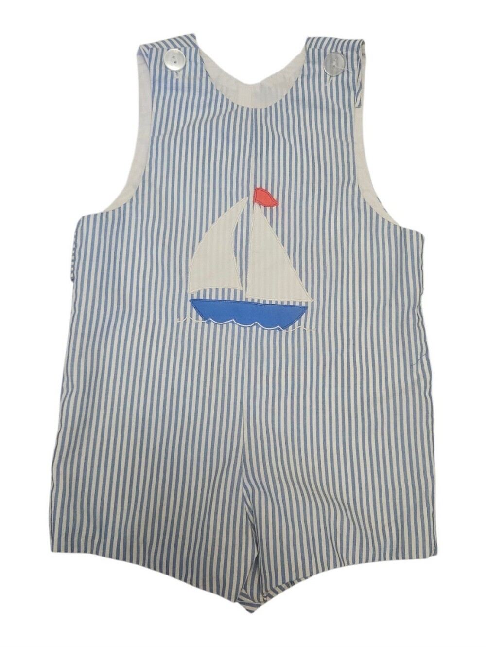 Vintage Baby Jon-Jon Romper White Blue Striped Sailboat Embroidery No Size